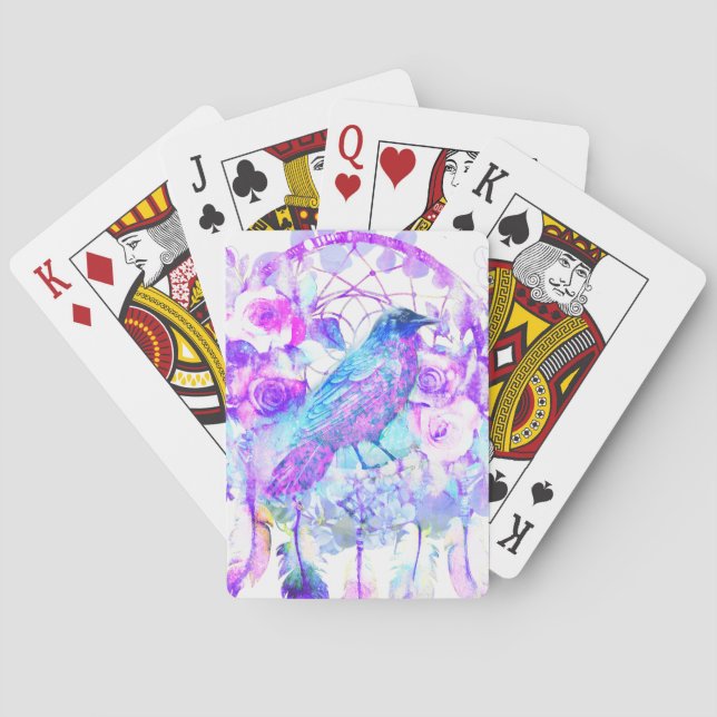 Crow Dreamcatcher Blue Purple Floral Poker Cards (Back)