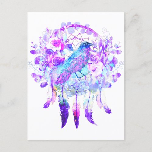 Crow Dreamcatcher Blue Purple Floral Postcard