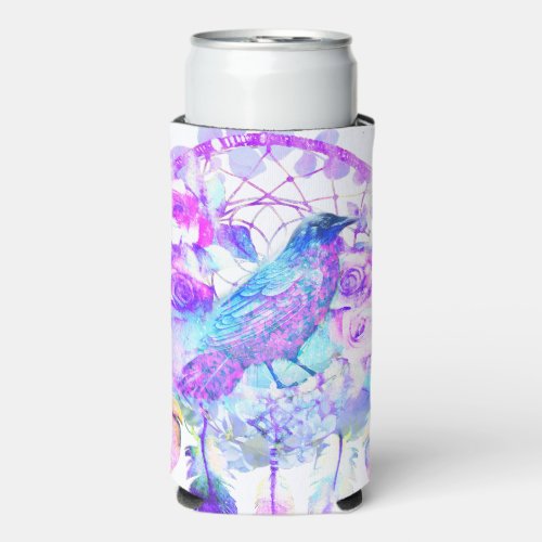 Crow Dreamcatcher Blue Purple Floral Seltzer Can Cooler