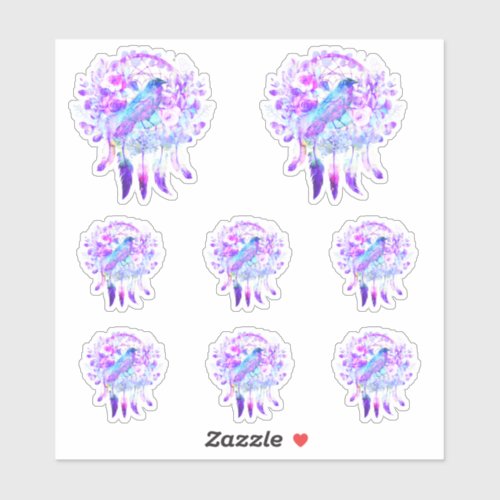 Crow Dreamcatcher Blue Purple Floral Sticker