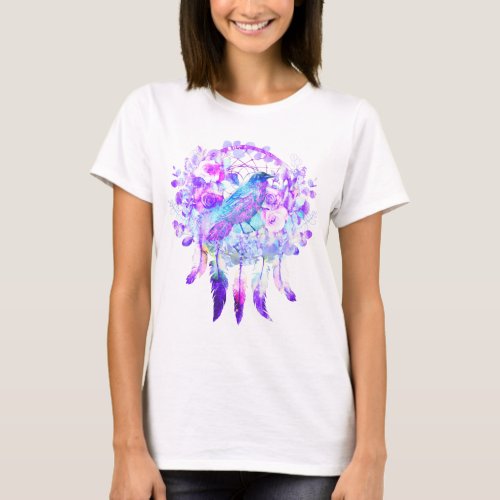 Crow Dreamcatcher Blue Purple Floral T_Shirt