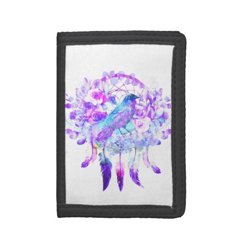 Crow Dreamcatcher Blue Purple Floral Trifold Wallet