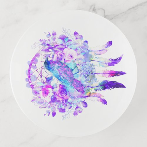 Crow Dreamcatcher Blue Purple Floral Trinket Tray