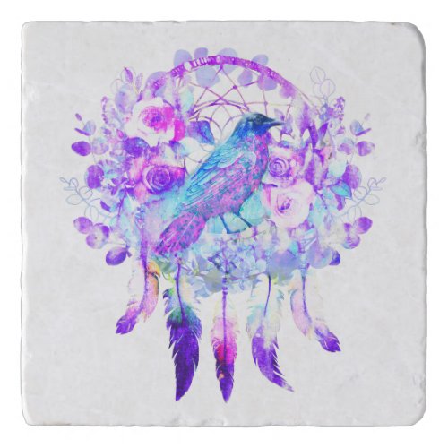 Crow Dreamcatcher Blue Purple Floral Trivet