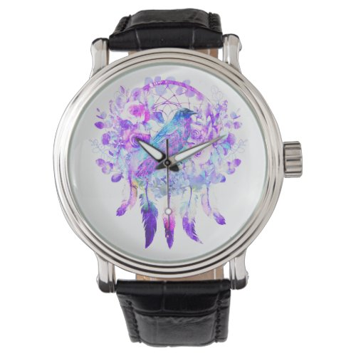 Crow Dreamcatcher Blue Purple Floral Watch