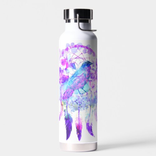 Crow Dreamcatcher Blue Purple Floral Water Bottle