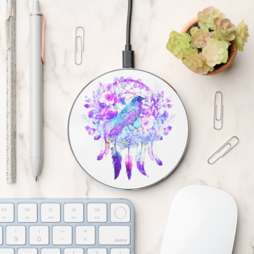 Crow Dreamcatcher Blue Purple Floral Wireless Charger