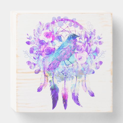 Crow Dreamcatcher Blue Purple Floral Wooden Box Sign