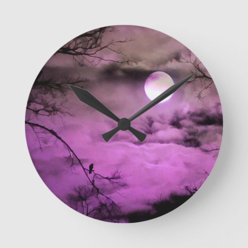 Crow Dreamt Of A Purple Night Round Clock