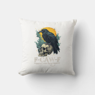 Crow F-Caw-F Funny Skull Moon Design Throw Pillow