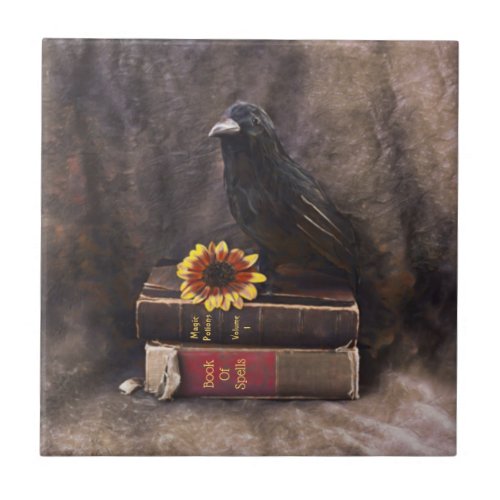 Crow Gothic Vintage Old Books Sunflower Floral Ceramic Tile