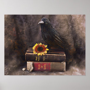 Crow Gothic Vintage Old Books Sunflower Floral Poster