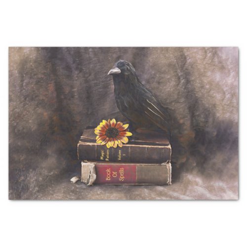 Crow Gothic Vintage Old Books Sunflower Floral Tissue Paper