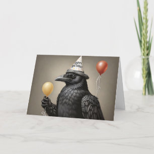 Crow holding yellow balloon happy birthday hat card