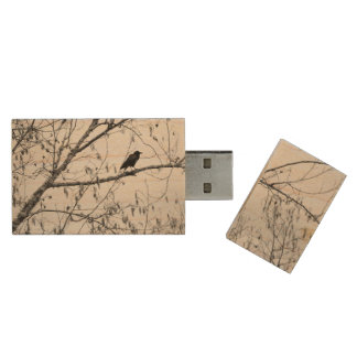 Crow in a Birch Tree Wood Flash Drive