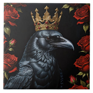 Crow in A Gold Crown Ruby Red Roses Ceramic Tile