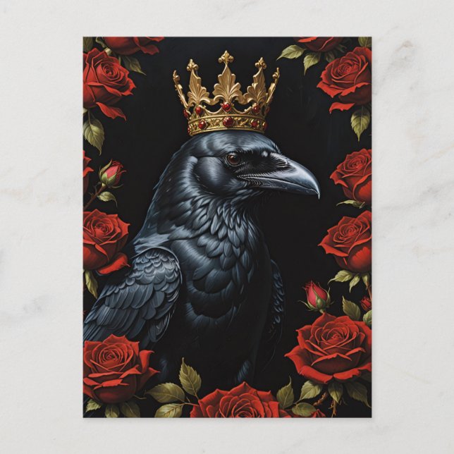 Crow in A Gold Crown Ruby Red Roses Postcard (Front)
