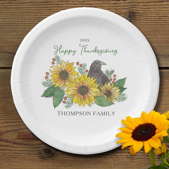 Crow in Autumn Flowers Family Thanksgiving Dessert Paper Plates (Creator Uploaded)