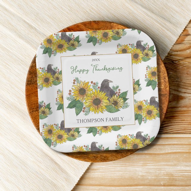 Crow in Autumn Flowers Family Thanksgiving Dessert Paper Plates (Thanksgiving dessert plates)