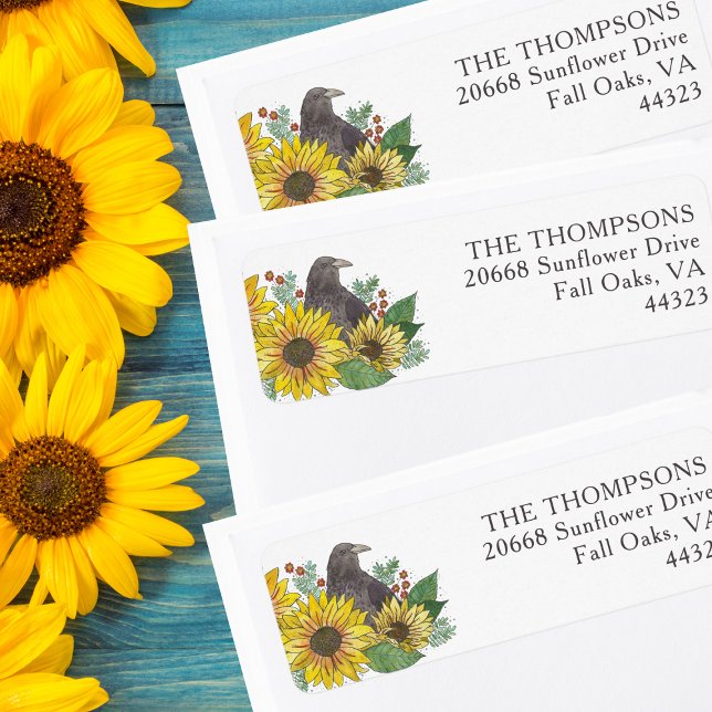Crow in Autumn Flowers Thanksgiving Return Address Label (Creator Uploaded)