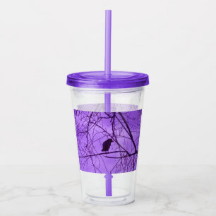 Crow in Black Silhouette Tree Branches Purple sky Acrylic Tumbler