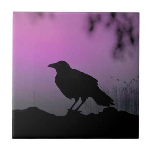 Crow In Nature Silhouette Ceramic Tile