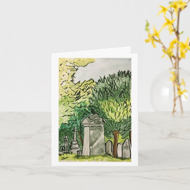Crow in the Graveyard, Art Print Greeting Card (Yellow Flower)