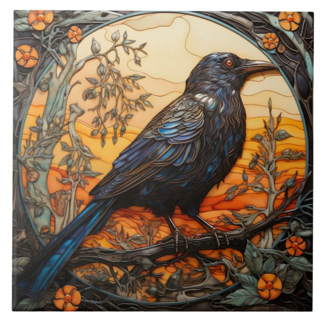 Crow Inspired Bird with Amber Glass Effect Ceramic Tile (Front)