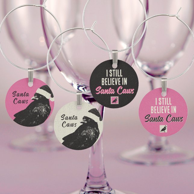 Crow Merry Christmas Pink and Black Holiday Wine Charm (Charm your Pinkmas party guests with these pink crow themed wine charms with custom text.)