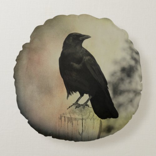Crow on A Fence Post Round Pillow