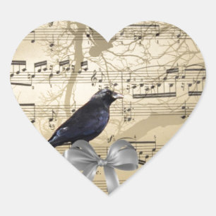 Crow on a music sheet heart sticker