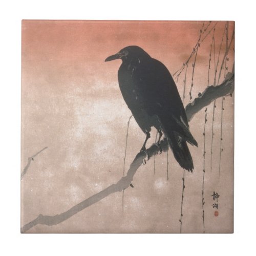 Crow on a Willow Branch Ceramic Tile