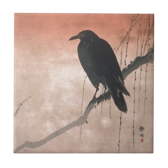 Crow on a Willow Branch Ceramic Tile (Front)