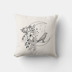 Crow on Flower Moon with Crystals Throw Pillow