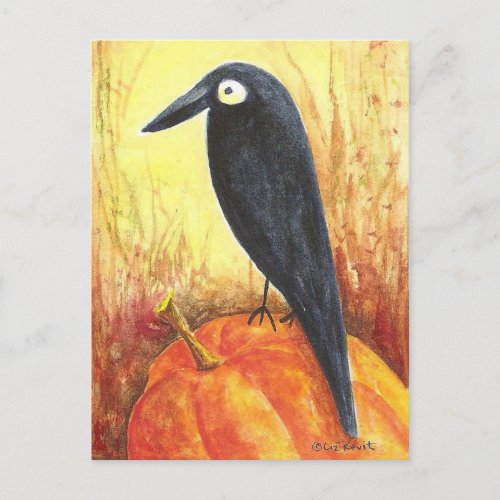 Crow on Pumpkin Postcard by Liz Revit