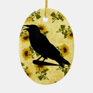 Crow on Sunflowers Ceramic Ornament
