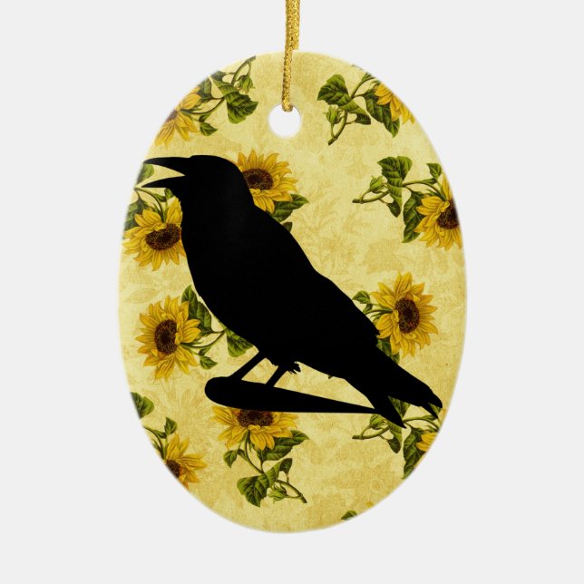 Crow on Sunflowers Ceramic Ornament (Front)