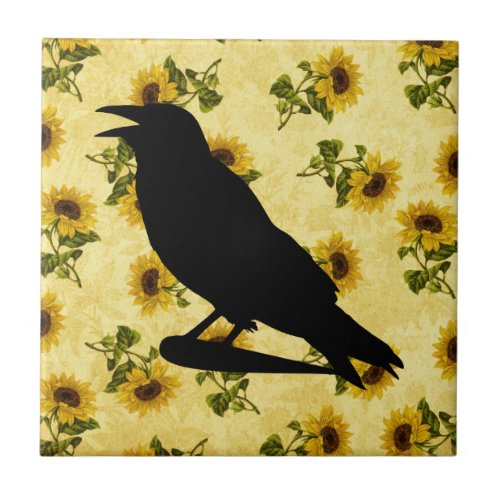 Crow on Sunflowers Ceramic Tile