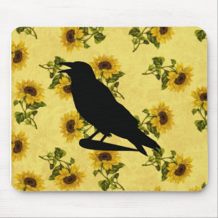 Crow on Sunflowers Mouse Pad