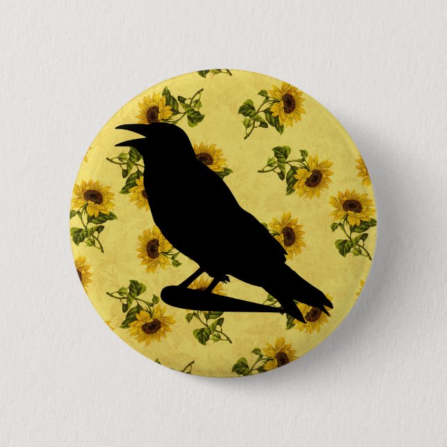 Crow on Sunflowers Pinback Button (Front)