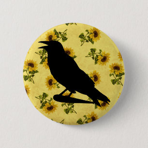 Crow on Sunflowers Pinback Button