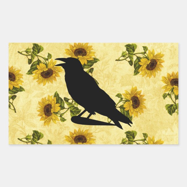 Crow on Sunflowers Rectangular Sticker (Front)
