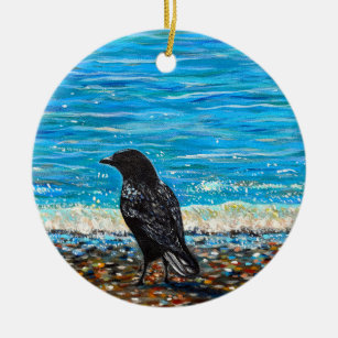 Crow on the Beach 2 Painting Ceramic Ornament