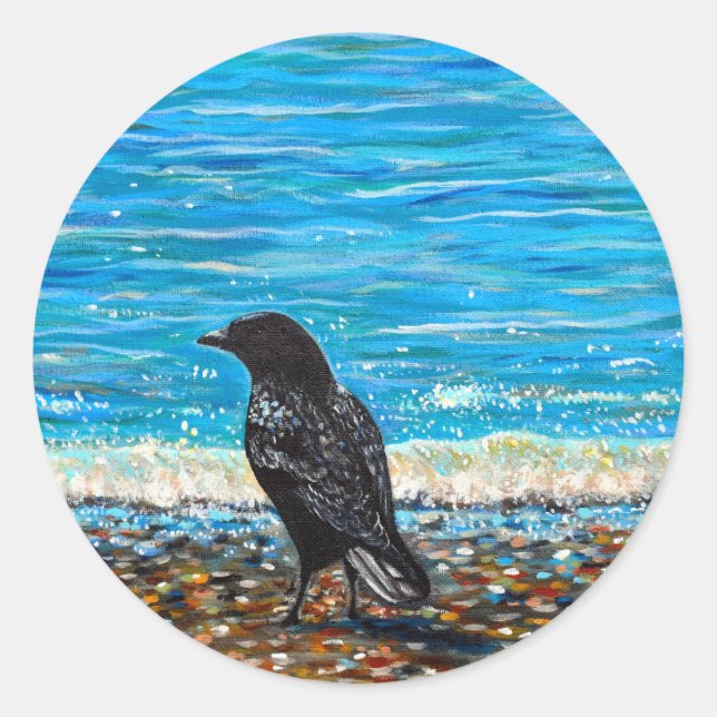 Crow on the Beach 2 Painting Classic Round Sticker (Front)