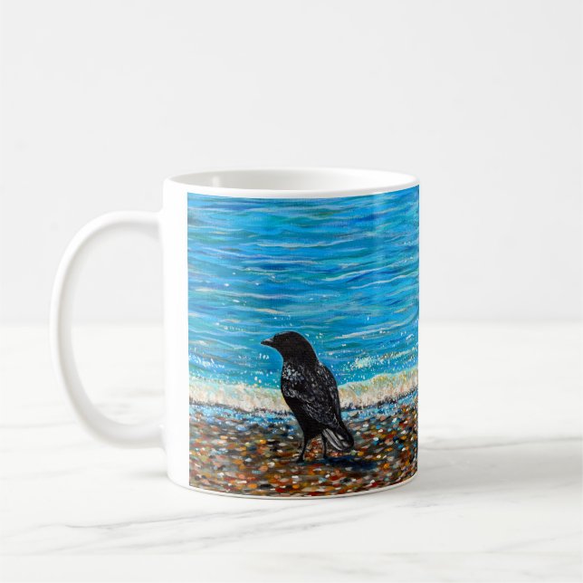 Crow on the Beach 2 Painting Coffee Mug (Left)