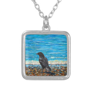 Crow on the Beach 2 Painting Silver Plated Necklace