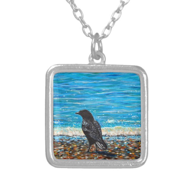 Crow on the Beach 2 Painting Silver Plated Necklace (Front)