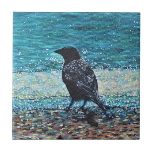 Crow on the Beach Painting Ceramic Tile