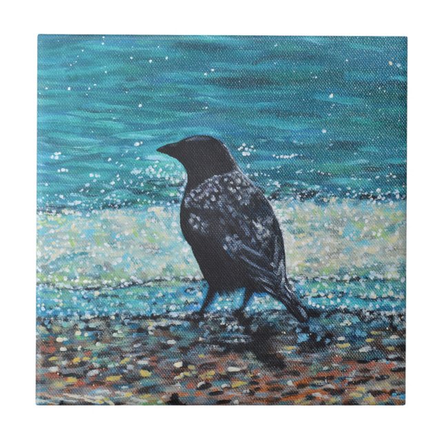 Crow on the Beach Painting Ceramic Tile (Front)