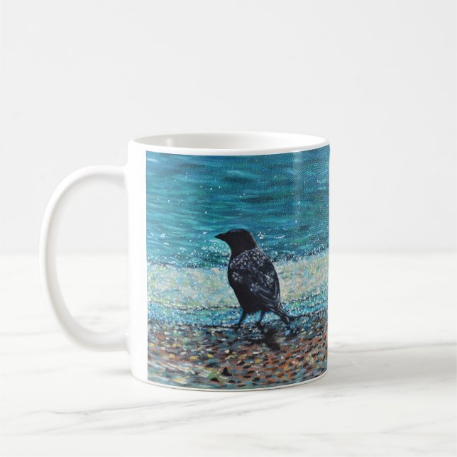Crow on the Beach Painting Coffee Mug (Left)